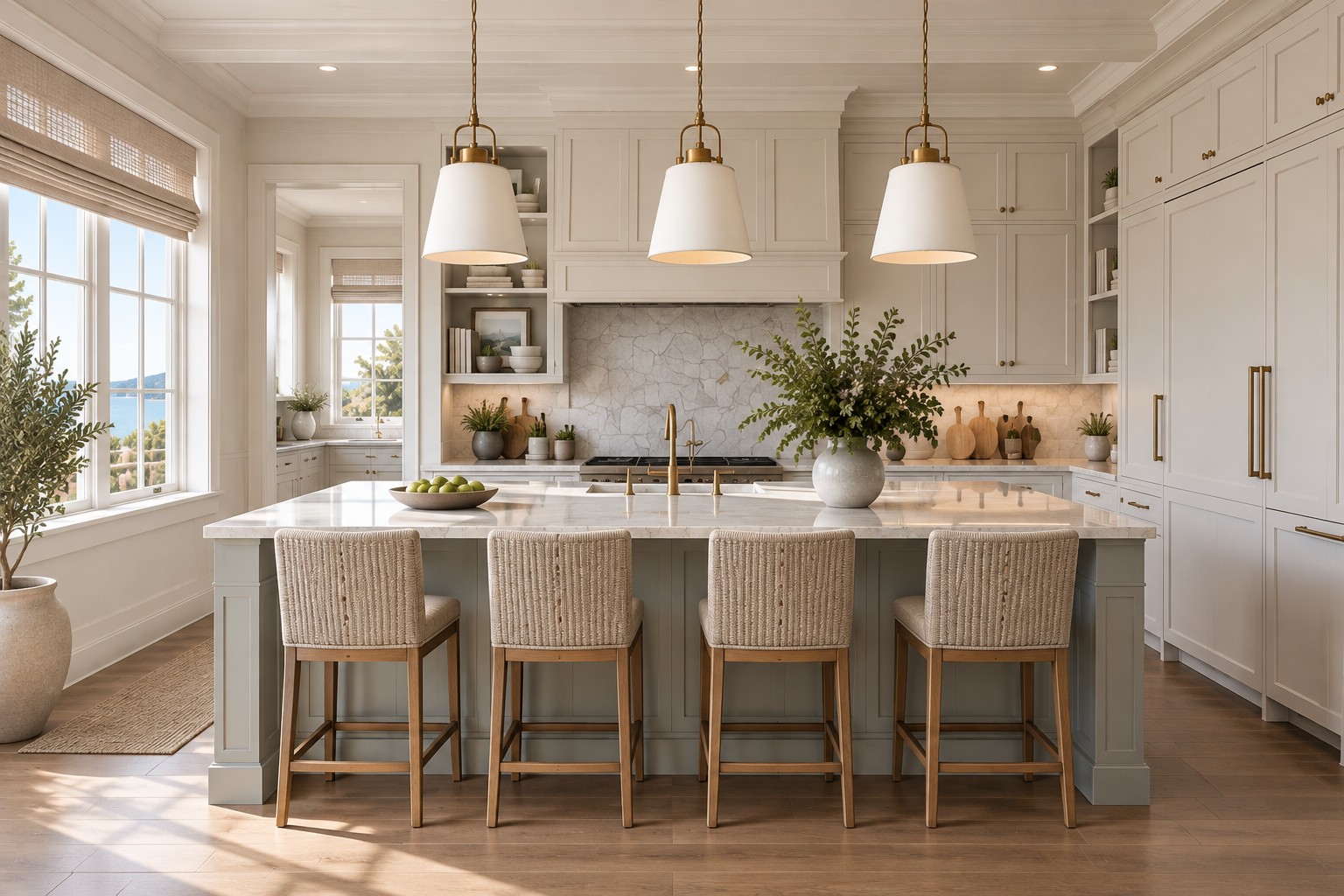 Kitchen with marble island and brass pendants