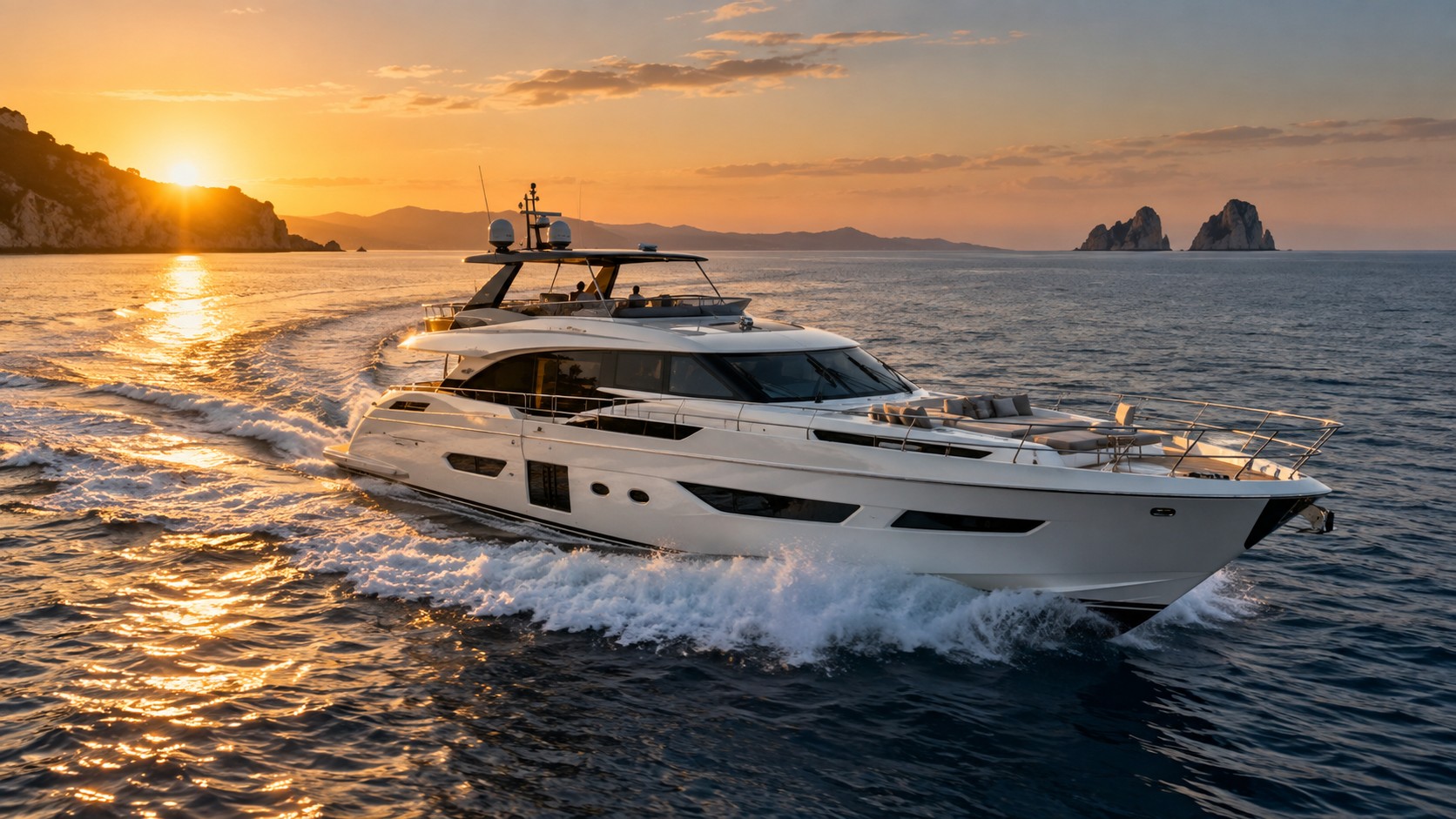 Motor yacht under way at sunset